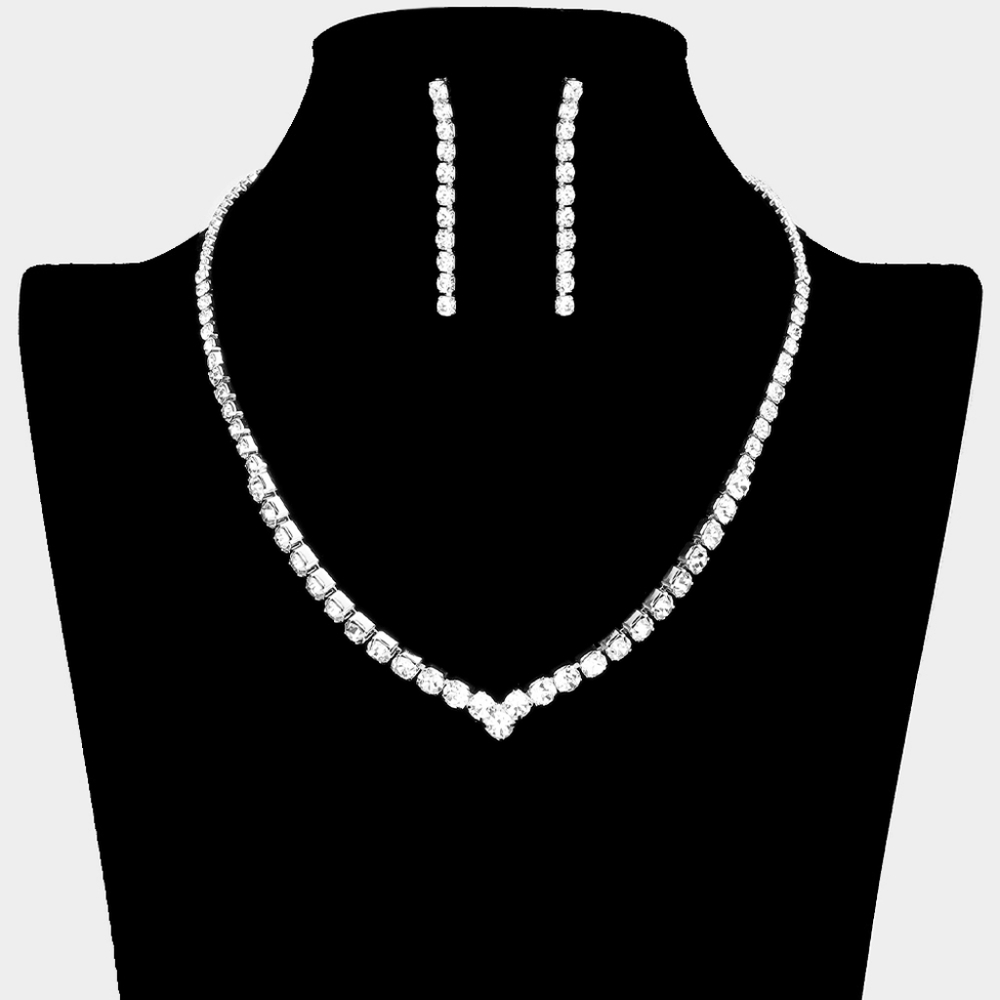 Silver Round Rhinestone Necklace Chain Crystal Black Tie Formal Jewelry Set